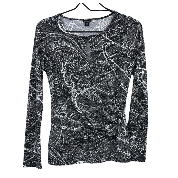 Ann Taylor Women's Keyhole Abstract Print Blouse Top XS Black White Long Sleeve - Picture 1 of 8